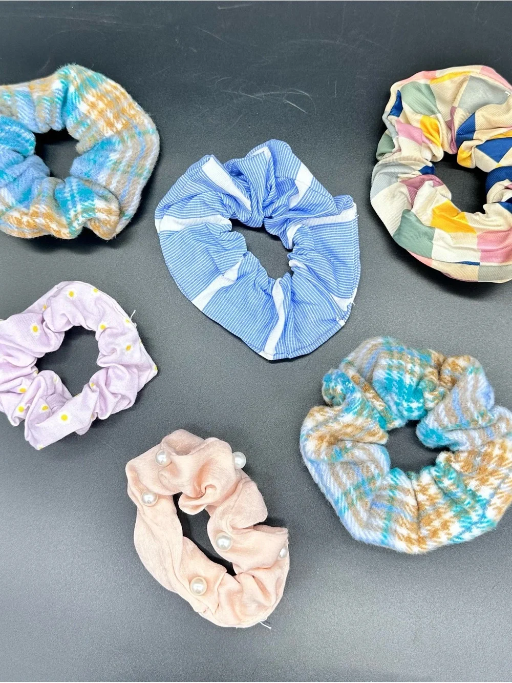 Lot of 6 Fashion Hair Scrunchies Mixed Patterns Plaid Floral Pearls Stripe